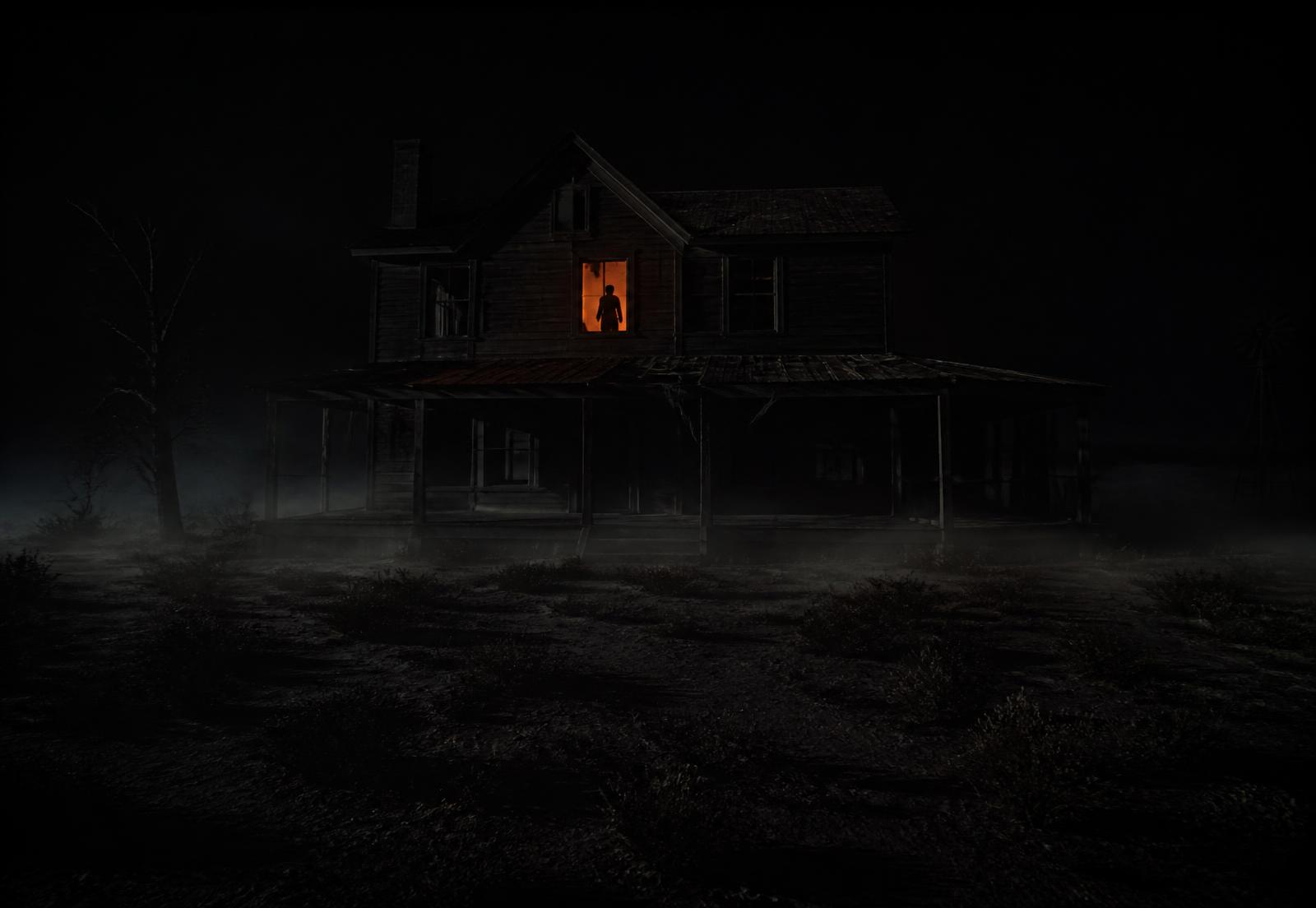 Abandoned haunted farmhouse at night with a lit window in the fog